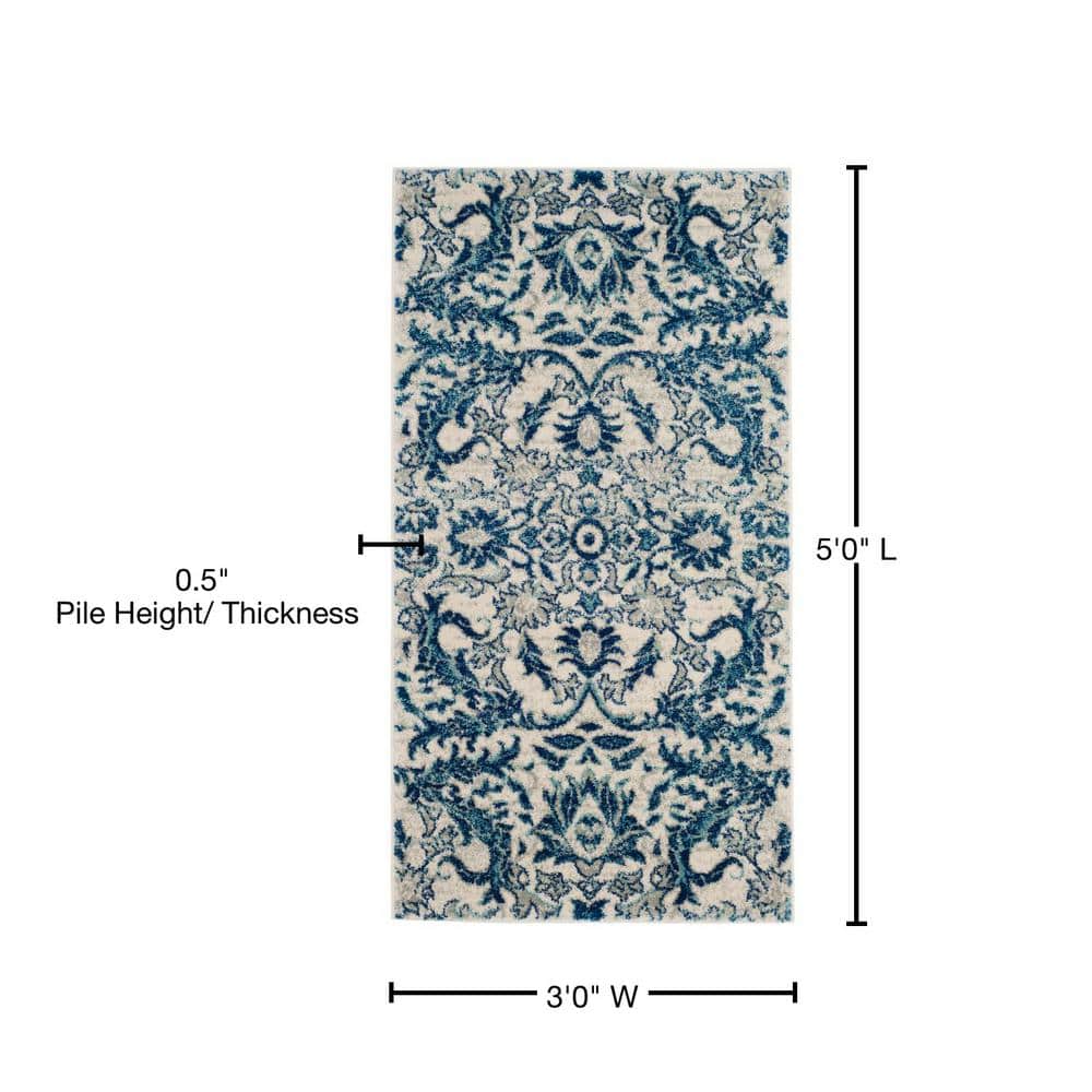Ivory and Blue High Pile Synthetic Reversible Area Rug