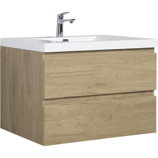 Qidian 35.43 in. W x 19. 69 in. D x 22. 44 in. H in Single of Sink Floating Natural Oak Bath Vanity, with White Resin Top Basin