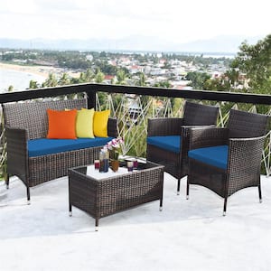 8-Piece Wicker Patio Conversation Set with Blue Cushions