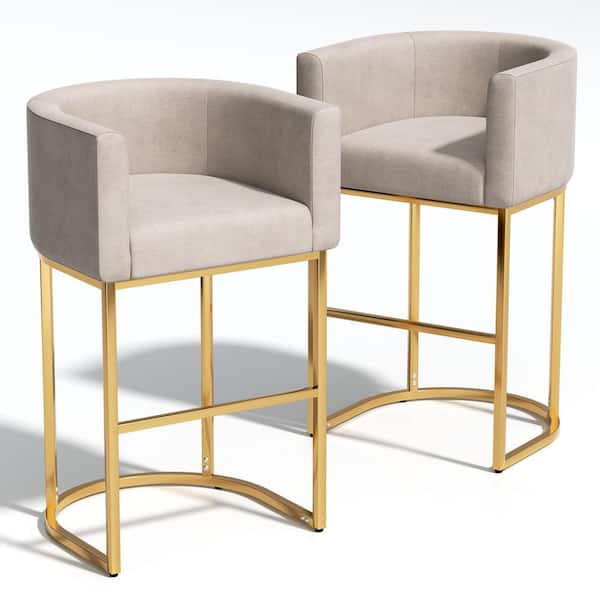 Linen Seat Tub Chair Gold Metal Frame Outdoor Bar Stool with White Cushion (2-Pack)