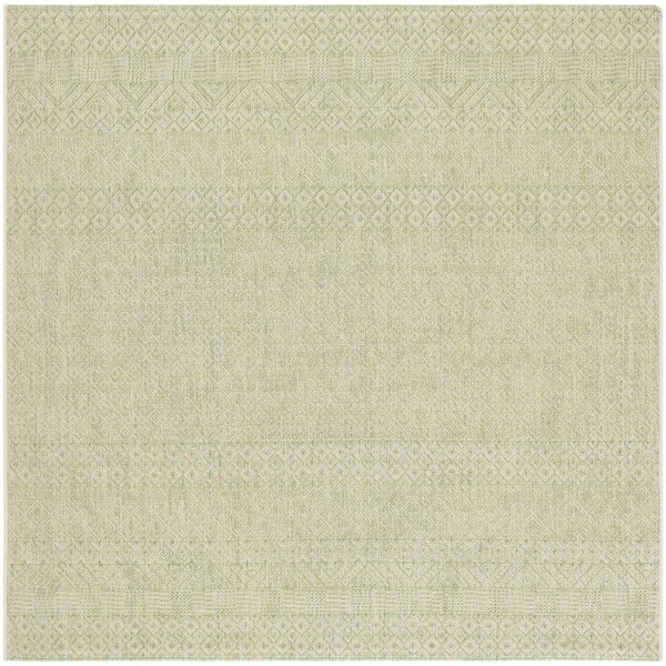 SAFAVIEH Courtyard Beige/Green 7 ft. x 7 ft. Tribal Striped Diamonds Indoor/Outdoor Patio  Square Area Rug