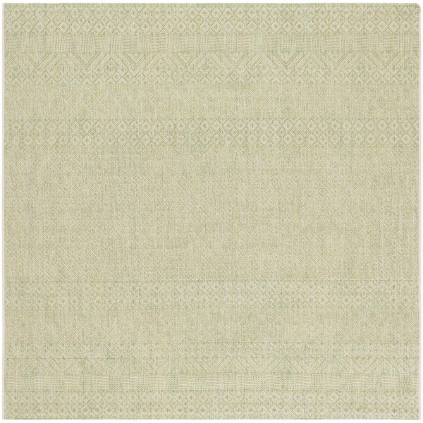 SAFAVIEH Courtyard Beige/Green 7 ft. x 7 ft. Tribal Striped Diamonds Indoor/Outdoor Patio  Square Area Rug