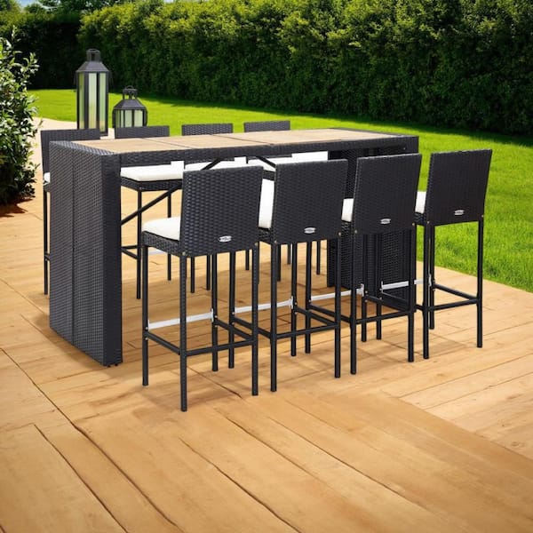Black 9-Piece Metal Rectangular Outdoor Serving Bar Table Set with White Cushion and 8 Chairs