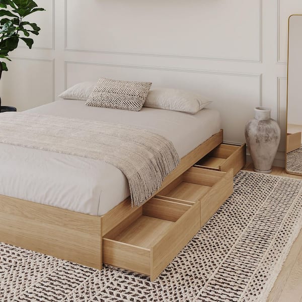 3-Drawer Beige Wood Frame King Size Storage Platform Bed