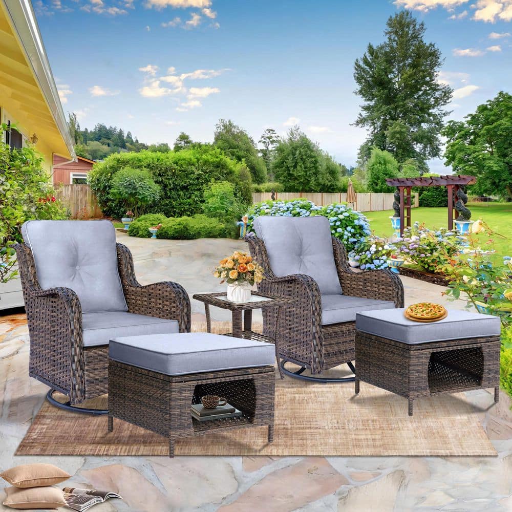 Brown 5-Piece Wicker Patio Conversation Set Swivel Rocking Chairs with Ottomans Side Table Gray Cushions price history on PriceWatchPro