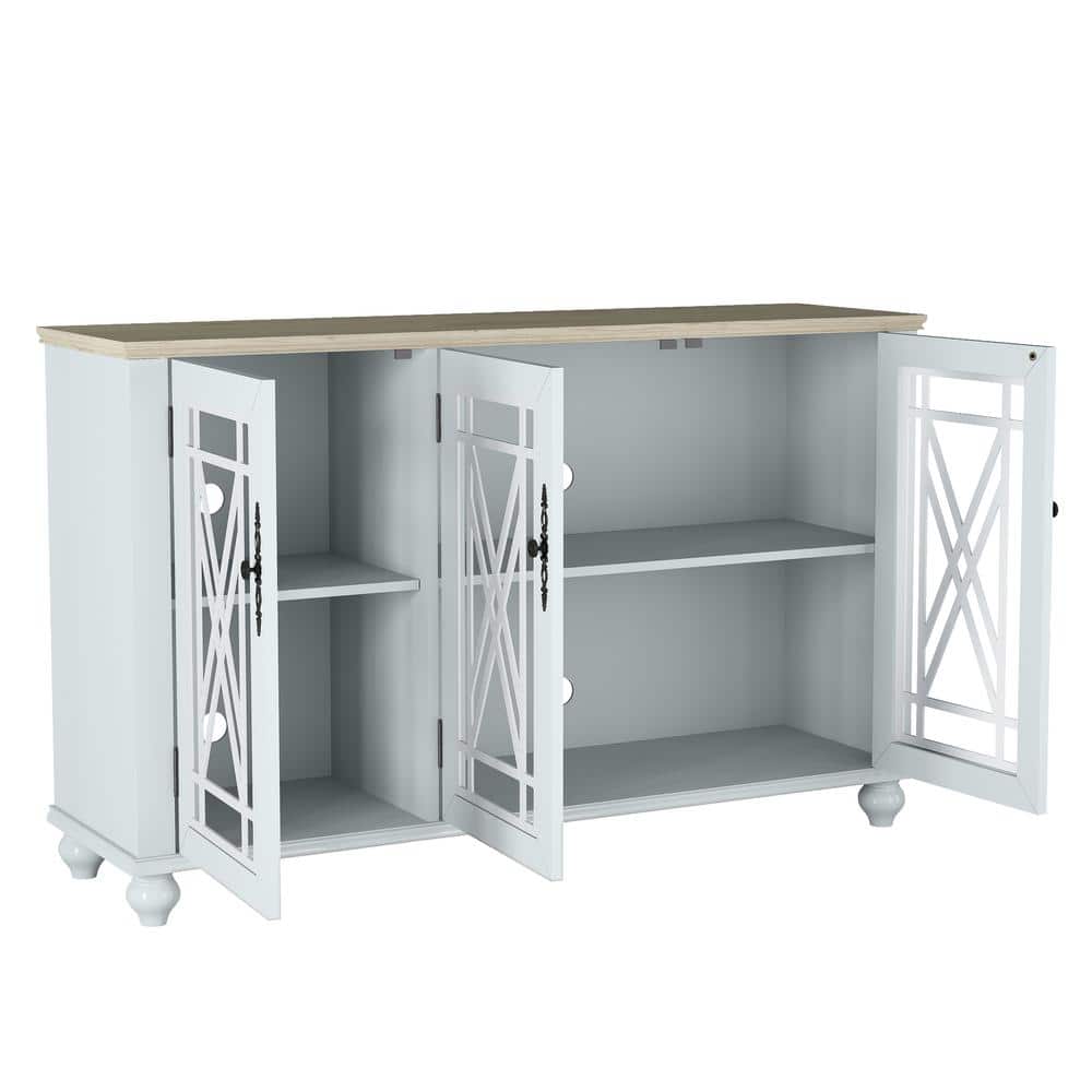 Grayish-White Vintage Wood and Glass Sideboard Cabinet