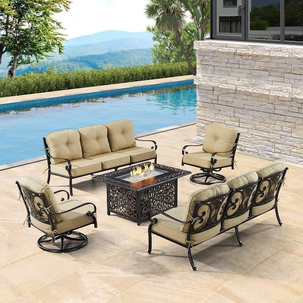 Oakland Living Black 5 Piece Aluminum Patio Fire Pit Table Set with 2 Sofas and 2 Club Chairs with Tan Cushions