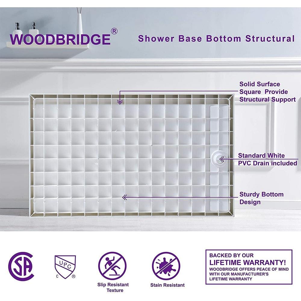 60" White Rectangular Shower Pan with Brushed Nickel Drain Cover