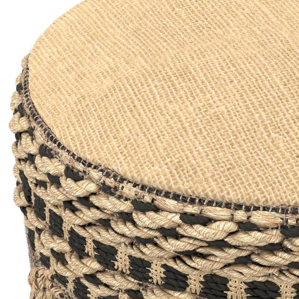 Stella Round Black and Natural Jute Woven Pouf