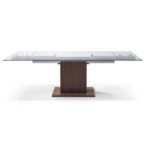 HomeRoots Danielle 30 in. Clear Walnut Glass/Stainless Steel Extendable Dining Table