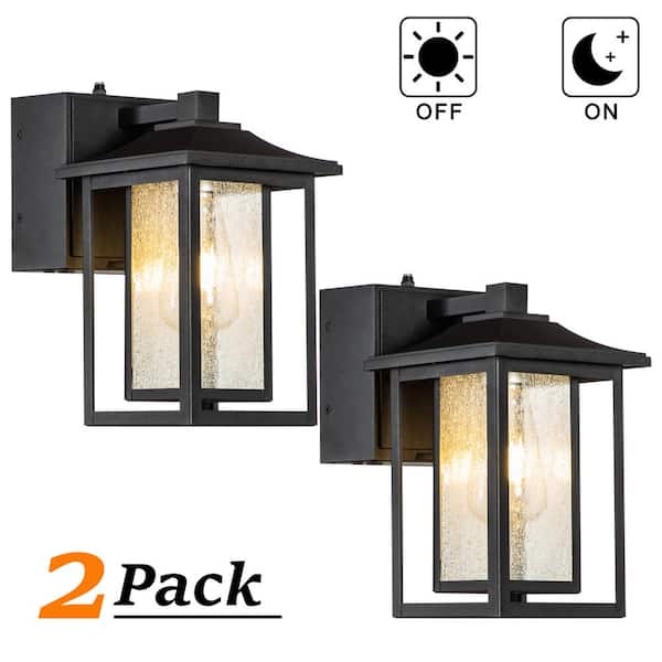 ALOA DECOR 1-Light Black Dusk to Dawn Sensor Outdoor Wall Lantern with Seeded Glass and built-in GFCI Outlets (2 Packs)