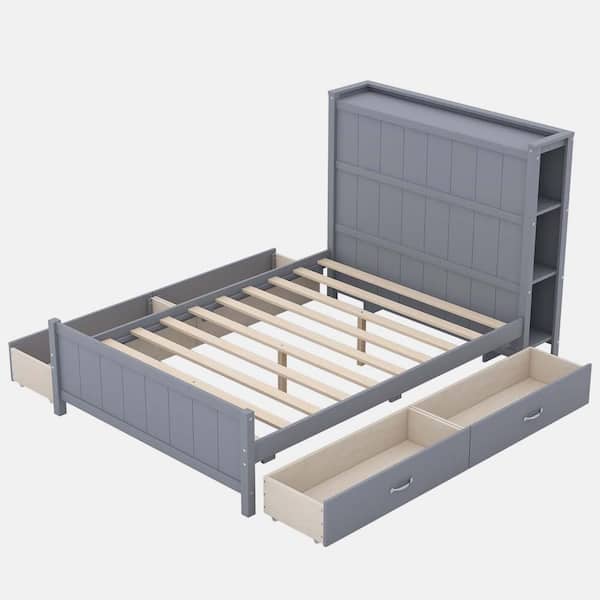 wetiny Gray Wood Frame Full Size Platform Bed with Drawers and Storage Shelves