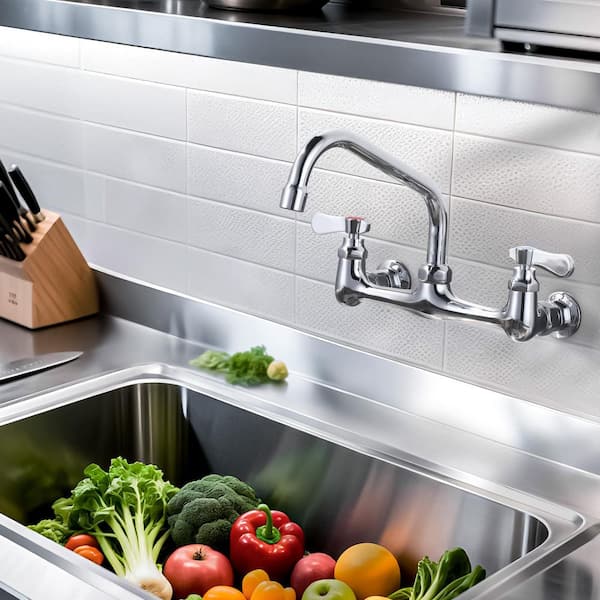Double Handle Wall Mounted Standard Kitchen Faucet, Commercial Faucet with 8 in. Long Spout in Polished Chrome