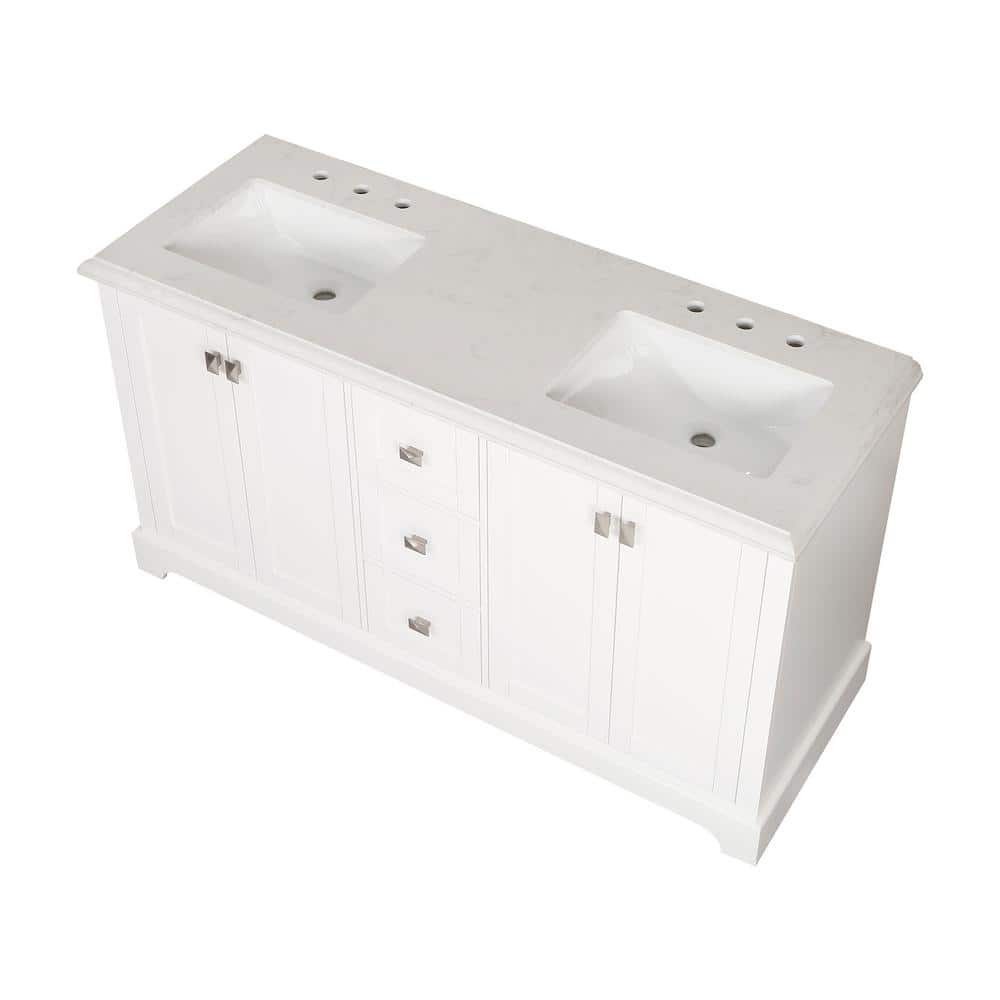60'' White Double Freestanding Bathroom Vanity with Marble Top