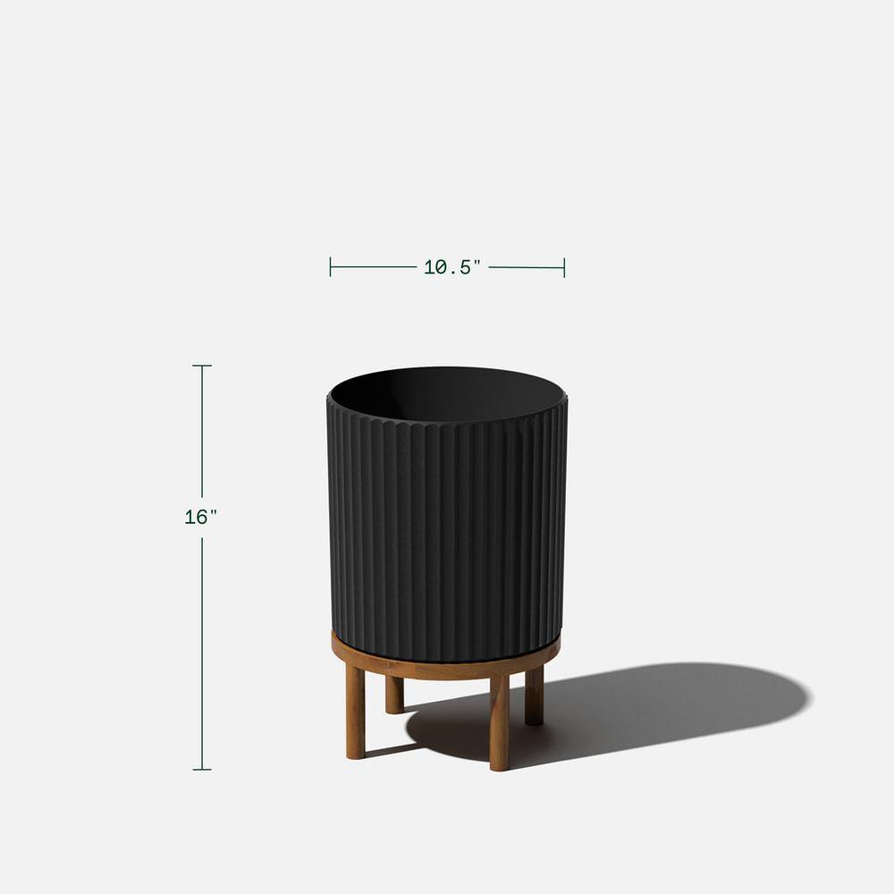 Demi 12" Black Fluted Planter with Acacia Wood Stand