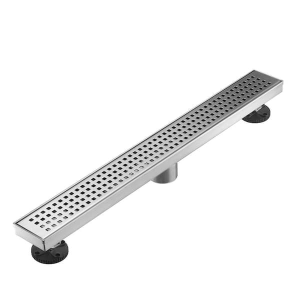 24 in. Linear Shower Drain with Removable Quadrato Pattern Grate, 304 Stainless Shower Drain in Brushed Nickel