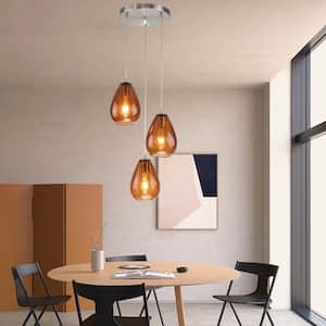 3-Light Brushed Nickel Pendant Ceiling Fixture with Amber Glass Shade
