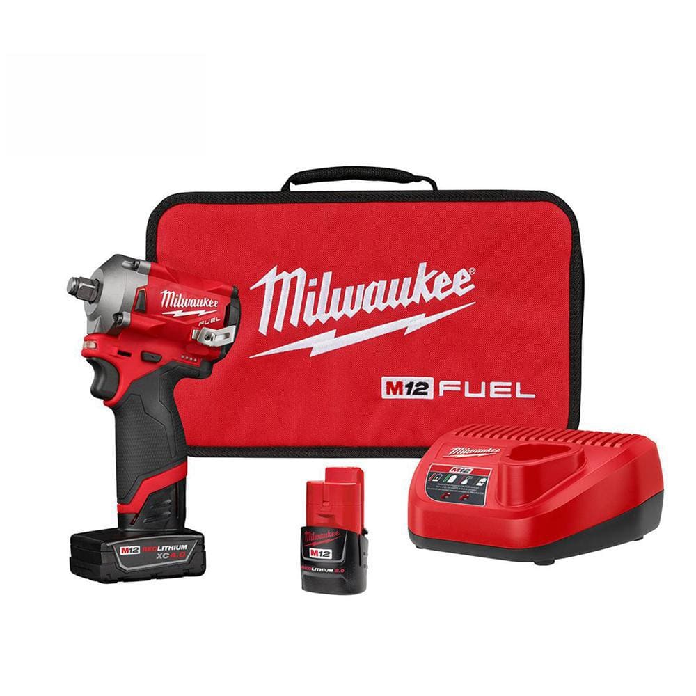 Milwaukee M12 FUEL 12V Lithium-Ion Brushless Cordless Stubby 1/2 in. Impact  Wrench Kit with One 4.0 and One 2.0Ah Batteries 2555-22 The Home Depot
