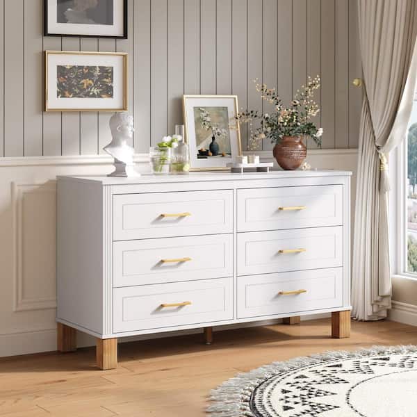 47.24 in. W White 6 Chest of Drawers Double Dresser/Storage Cabinet with Metal Handles & Solid Wood Legs