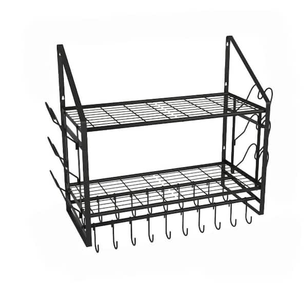 Heavy-Duty Multi Storage Black Metal 34.7 in. 2-Tier Wall Mount Pot Rack, Pots and Pans Organizer for Kitchen Cookware