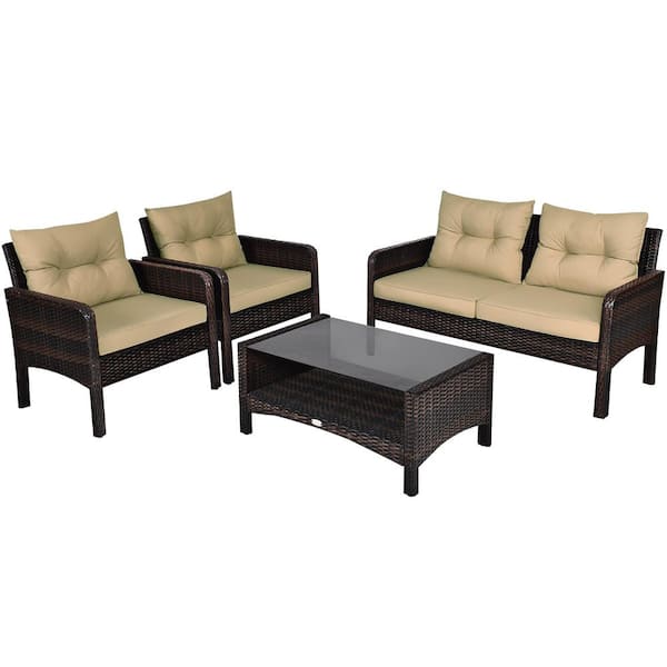 Dark Brown 4-Piece Metal Wicker Outdoor Loveseat with Beige Cushions