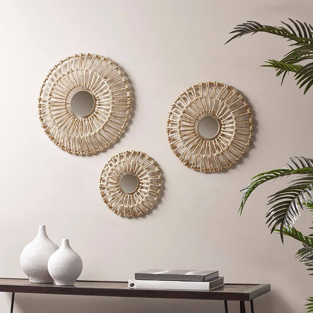 Gold Corn Husk Wrapped Round Decorative Mirror Set