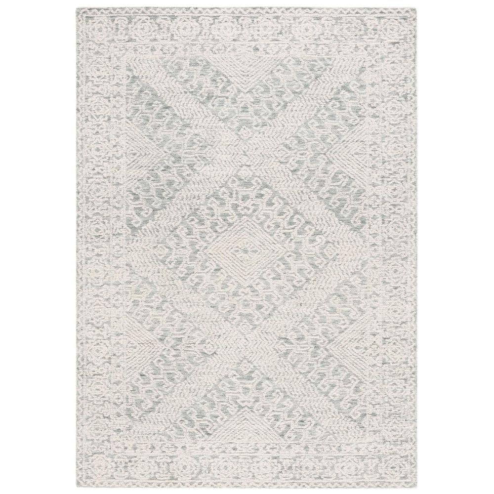 Ivory and Sage Geometric Wool Handmade Area Rug 5' x 8'