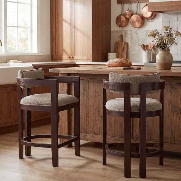 36 in. H Espresso Rubber Wood Curved Counter Stool Bar Stool with Taupe Boucle Fabric Seat (Set of 2)