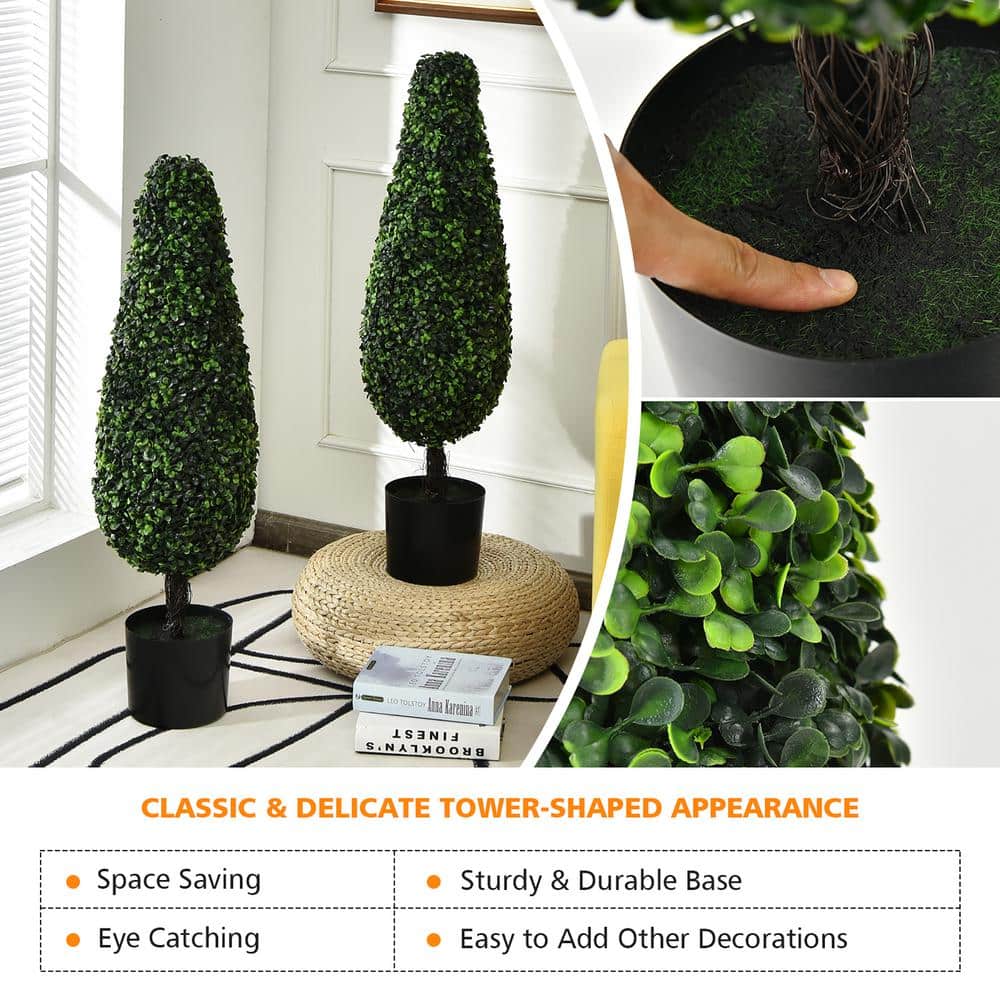 Lush Boxwood Tower Topiary in Black Plastic Pot, UV Resistant