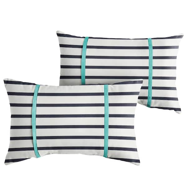 SORRA HOME Sunbrella Blue White Stripe with Aruba Blue Rectangular Outdoor Knife Edge Lumbar Pillows (2-Pack)