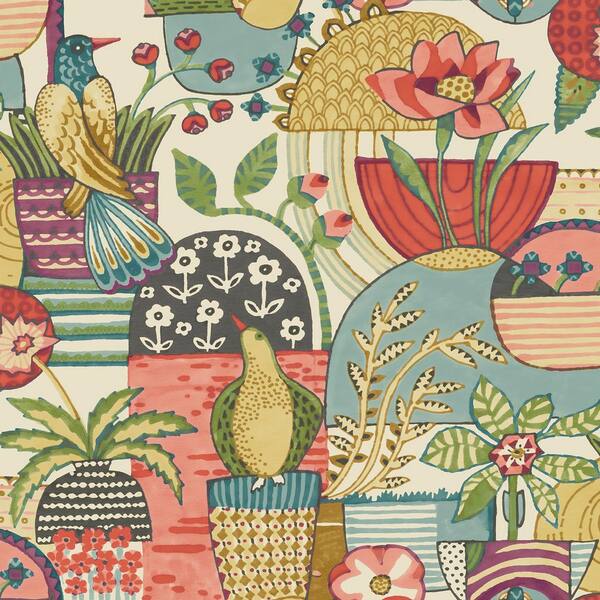 A-Street Prints Fika Multi-Colored Plum Blissful Birds and Blooms Wallpaper Sample