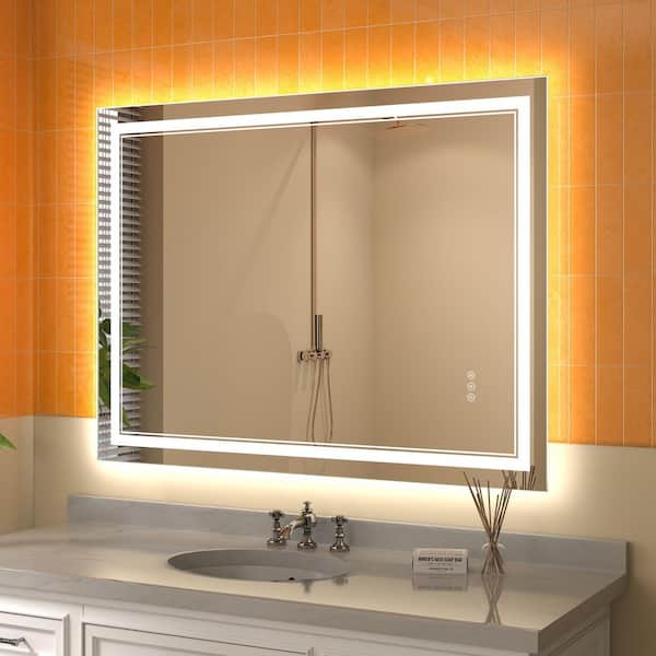 ExBrite Derrin 48 in. W x 36 in. H Large Rectangular Frameless Anti-Fog Dimmable LED Wall Bathroom Vanity Mirror in Silver
