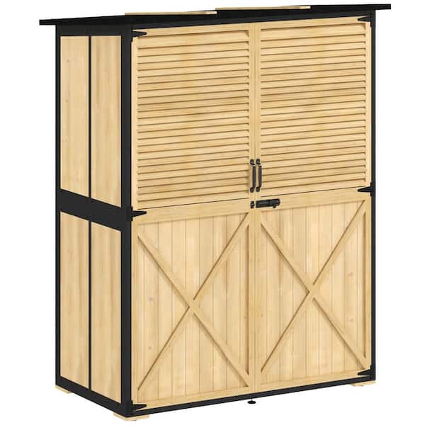 Outdoor Storage Shed, Wooden Garden Storage Cabinet with Waterproof Asphalt Roof, 2 Shelves and Lockable Doors, Natural