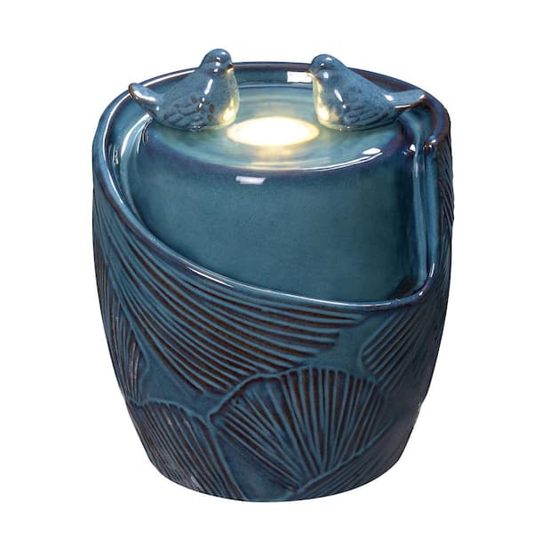 Blue Ceramic Urn Tabletop Double Bird Bubbler Fountain