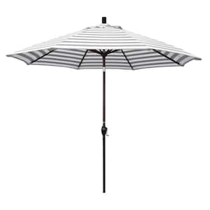 9 ft. Aluminum Market Push Tilt - Bronze Patio Umbrella in Gray White Cabana Stripe Olefin