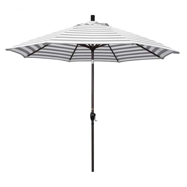 California Umbrella 9 ft. Aluminum Market Push Tilt - Bronze Patio Umbrella in Gray White Cabana Stripe Olefin