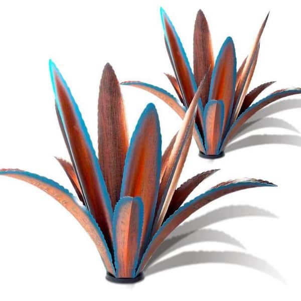 OGETFUUR 2-Pack Blue Metal Agave Plant Garden Sculpture