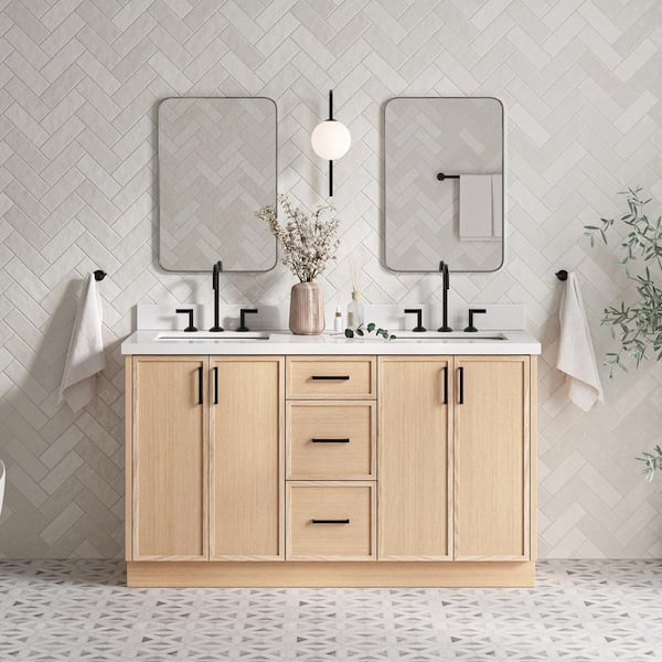 Kelly 61 in. W x 22 in. D x 36 in. H Double Bath Vanity in Oak with Pure White Quartz Top