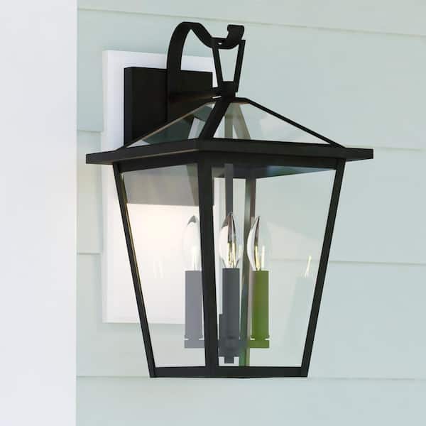 VAXCEL Derby 10 in. W 3-Light Dusk to Dawn Matte Black Outdoor Hardwired Wall Lantern Clear Glass Shade, LED Compatible