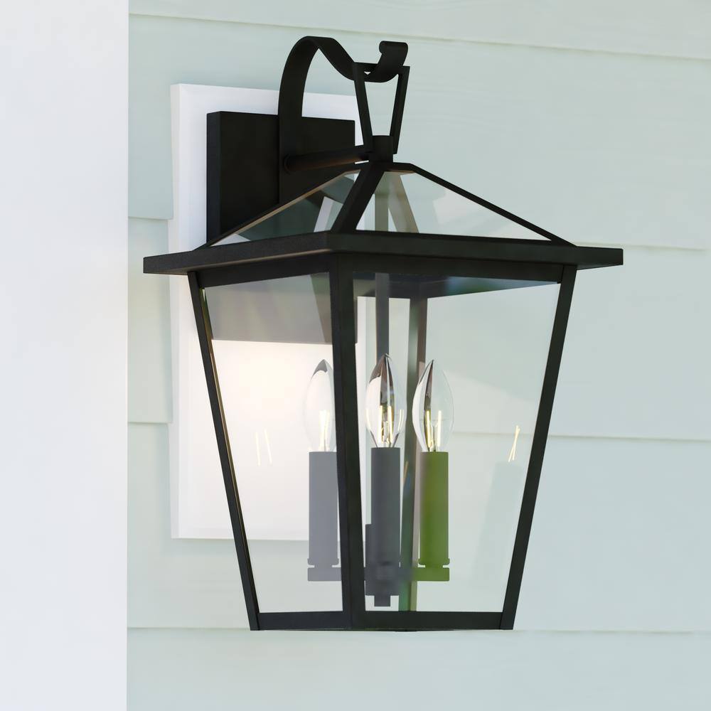 Derby 10 in. W 3-Light Dusk to Dawn Matte Black Outdoor Hardwired Wall Lantern Clear Glass Shade, LED Compatible price history on PriceWatchPro