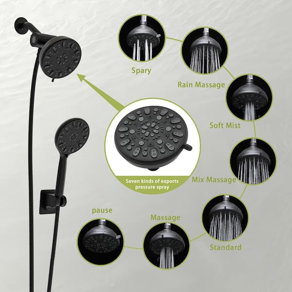 Single-Handle 7-Spray High Pressure Shower Faucet 1.8 GPM Wall Mount Shower Combo in Matte Black