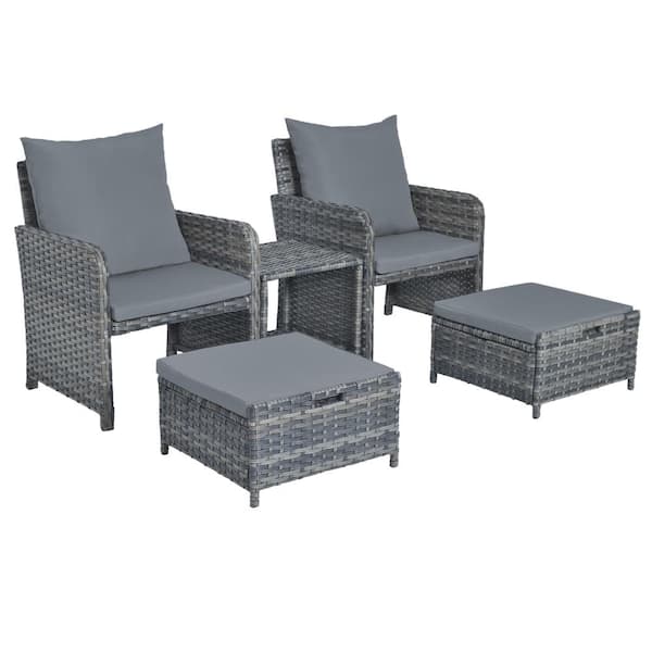Uixe Gray 5-Piece Outdoor Rattan Wicker Patio Conversation Sofa Ottoman and Table Set with Gray Cushions