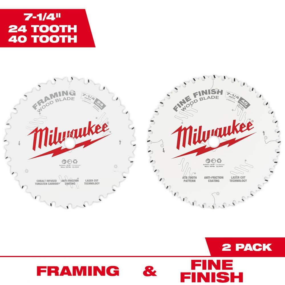 Milwaukee 7-1/4 in. x 24-Tooth Framing & 40-Tooth Fine Finish Carbide Circular Saw Blades (2-Pack) -  48-40-0725