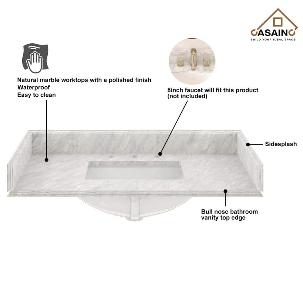 37" White Italian Carrara Marble Vanity Top with Ceramic Sink