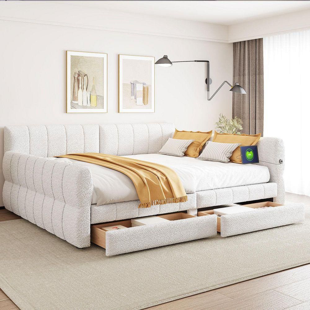 Nestfair White Wood Frame Queen Size Upholstered Platform Bed with