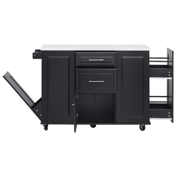 Black Wood 50.7 in.Kitchen Island with 5-Wheels and Drop Leaf, 2-Drawers
