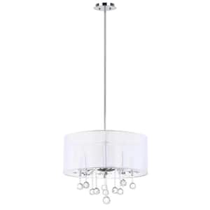 Etude 5-Light Chrome/Crystal Drum Hanging Pendant Lighting with Transparent Off-White Shade