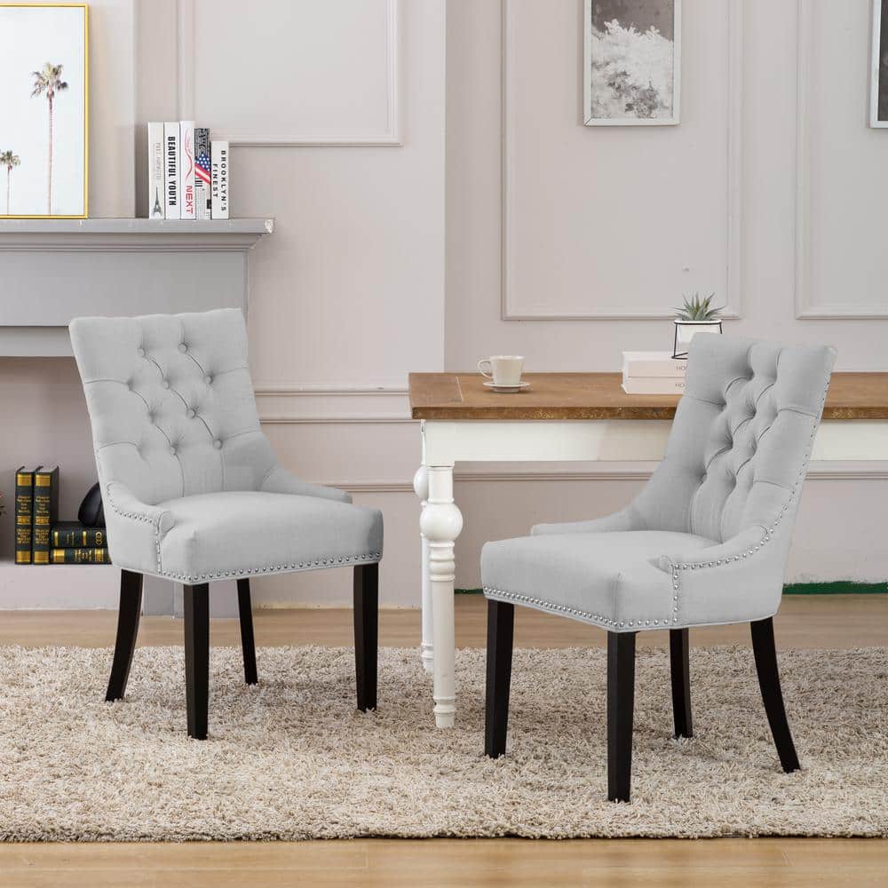 Elegant Gray Linen Tufted Wingback Side Chair Set