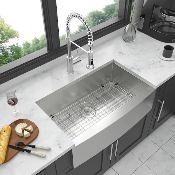 36 in. Farmhouse Single Bowl 18 Gauge Brushed Nickel Stainless Steel Kitchen Sink with Bottom Grid