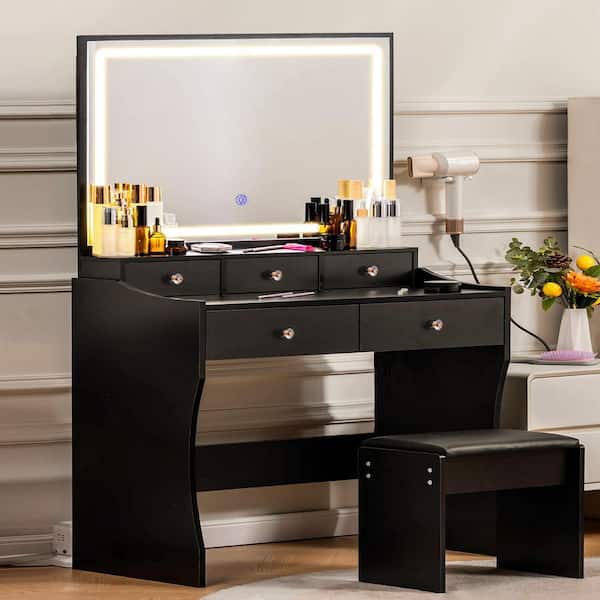 Makeup Vanity Desk with Lights Vanity Table and Chair Set with Charging Station, Black
